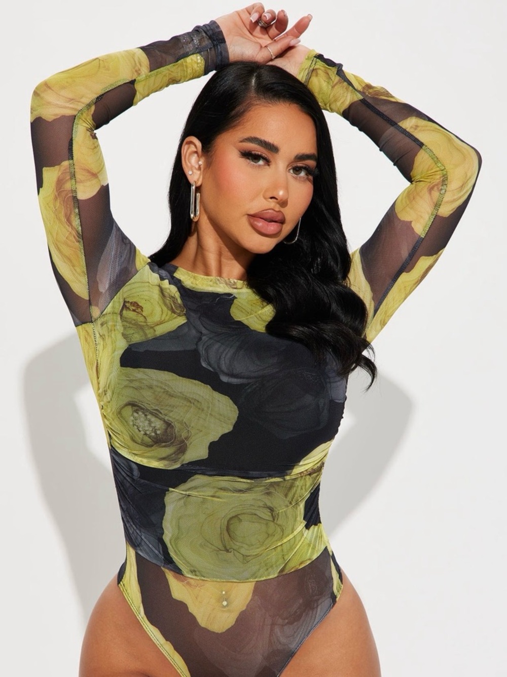 Sheer Long-Sleeve Floral Bodysuit